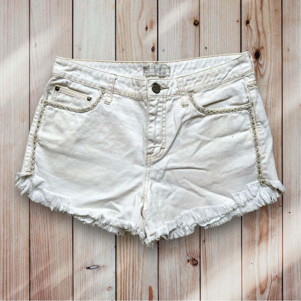 Free People White / Cream Denim Cut Off Embroidered Shorts